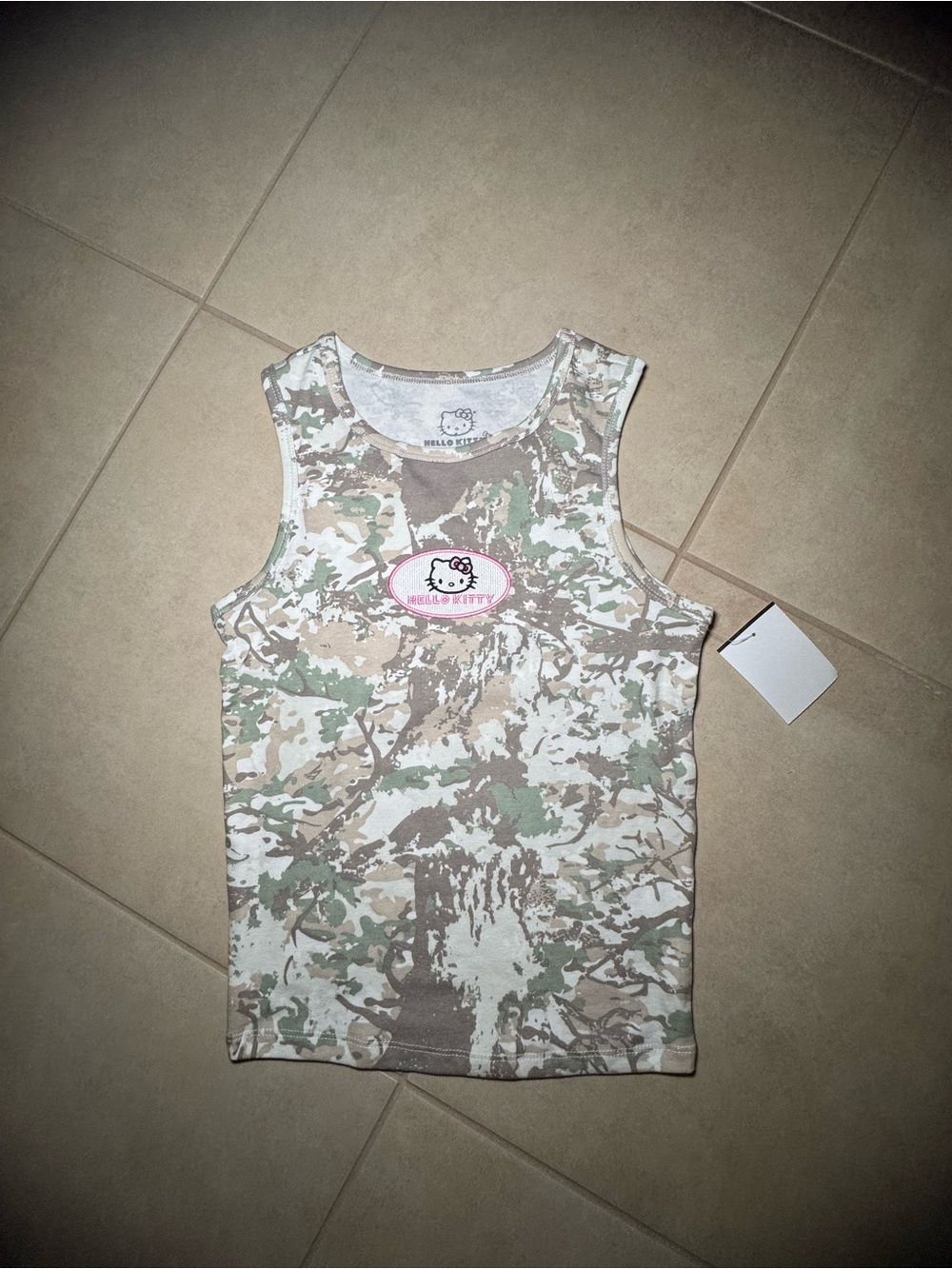 Hello Kitty Camo Junior Tank Top - Beige, Green, White
